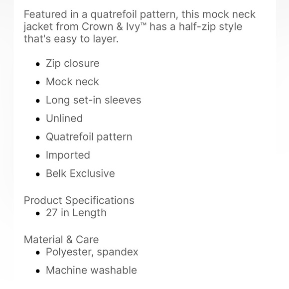 Crown & Ivy Quatrefoil pattern mock neck half zip jacket size X-Large - Picture 10 of 11